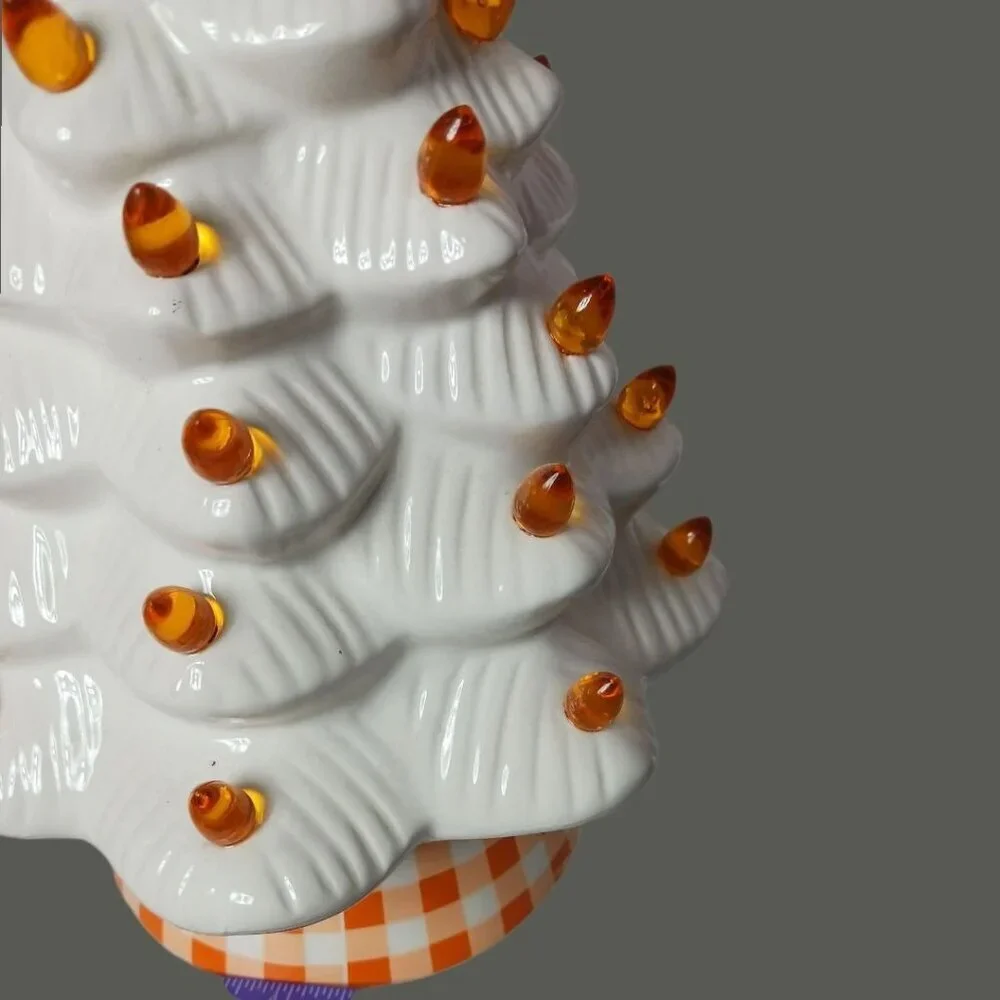 White Ceramic Christmas Tree With Orange Lights & Checkered Base - 